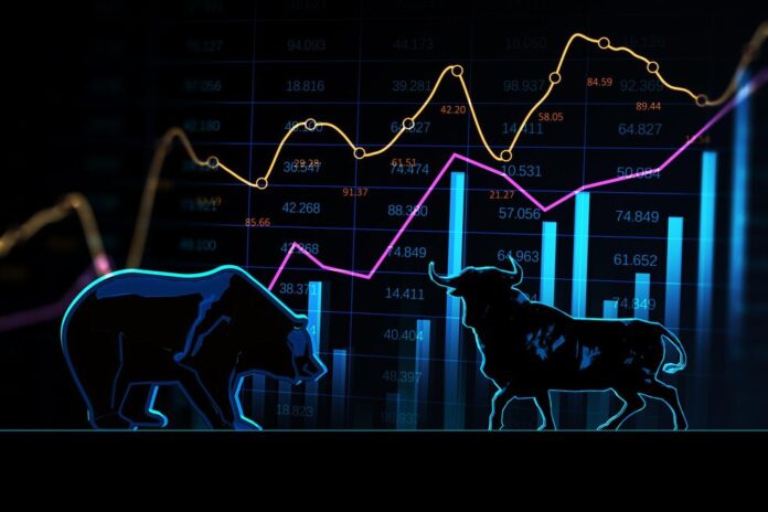 stock-exchange-trading-concept-bulls-bears-struggle-equity-market-illustration-creative-hologram-graph-dark-wallpaper-3d-rendering_670147-2425