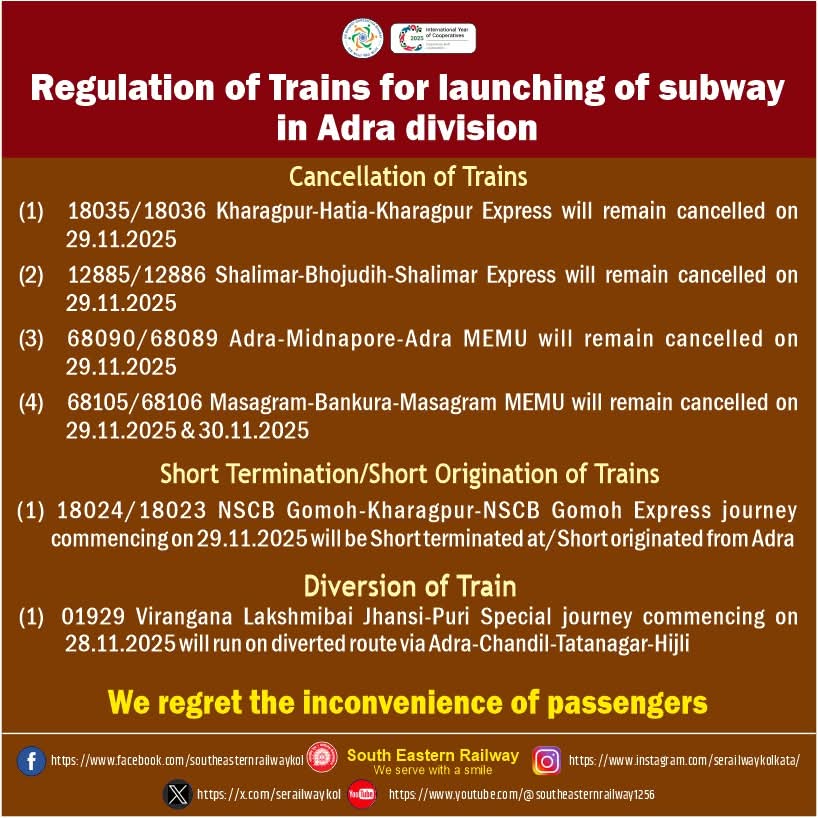 दक्षिण–पूर्व रेलवे के आद्रा डिविजन में कई ट्रेनें रद्द, यात्रियों की बढ़ी परेशानी