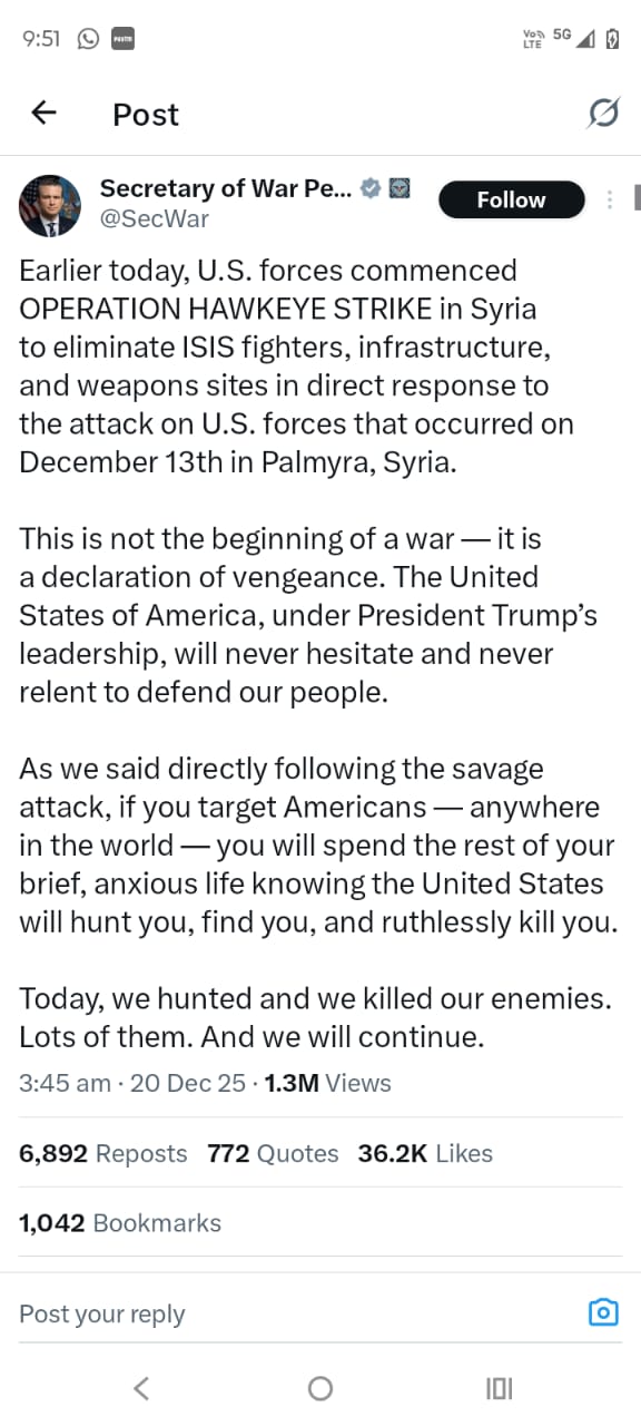 सीरिया में आईएसआईएस पर अमेरिका का बड़ा हमला, 70 ठिकाने तबाह, बदले की कार्रवाई का ऐलान