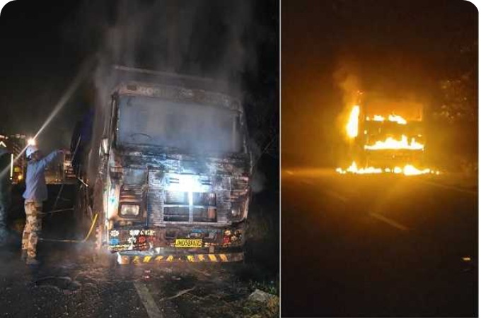 पोटका में गिट्टी लदी हाइवा में लगी भीषण आग, चालक ने कूदकर बचाई जान