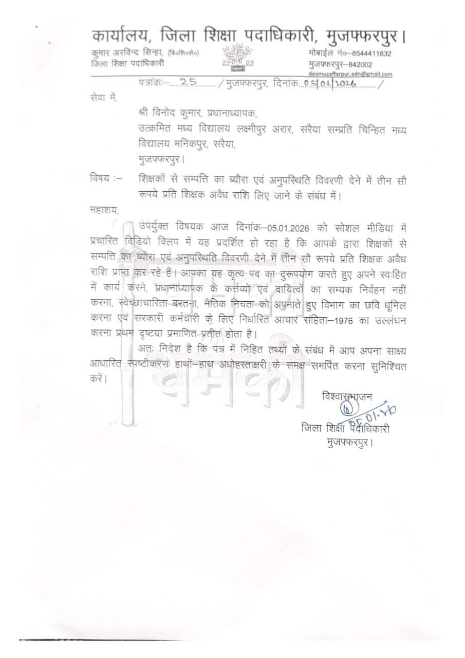 शिक्षा विभाग में उगाही का खुलासा, वायरल वीडियो के बाद प्रधानाध्यापक को नोटिस