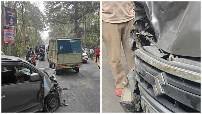 बेलगढ़ के पास दो कारों की आमने-सामने टक्कर, वेगनआर चालक गंभीर घायल