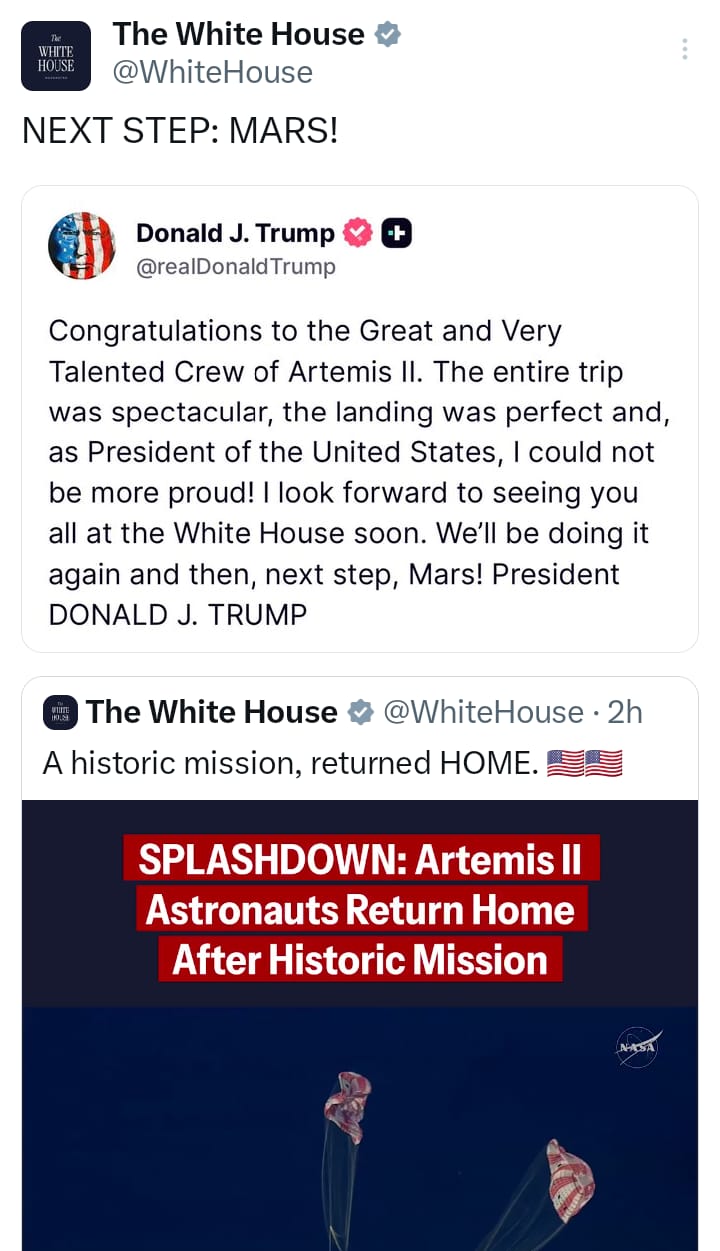 नासा का आर्टेमिस-2 मिशन सफल: 10 दिन बाद चांद के पास से लौटे चार अंतरिक्ष यात्री नासा का आर्टेमिस-2 मिशन सफल: 10 दिन बाद चांद के पास से लौटे चार अंतरिक्ष यात्री