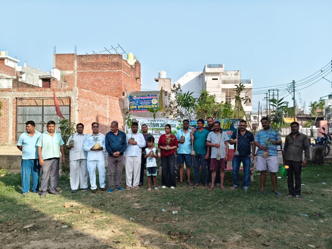 वृक्षारोपण समिति के सदस्य पेड़ लगाते हुए
