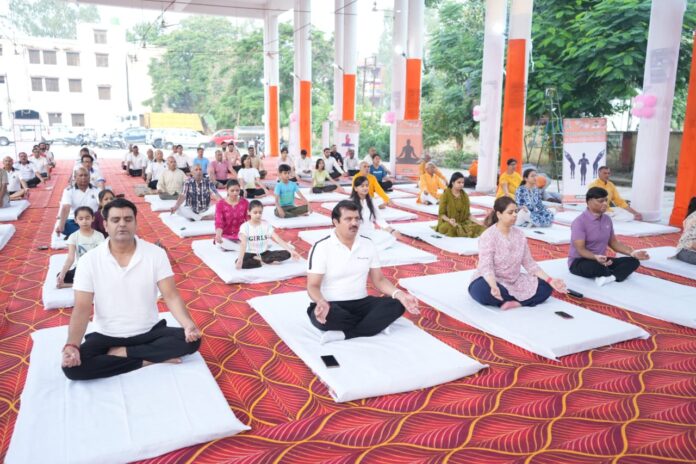 योग करते हुए जिलाधिकारी और सीडीओ, साकेन्द्र प्रताप ने दिखाया योग का महत्व