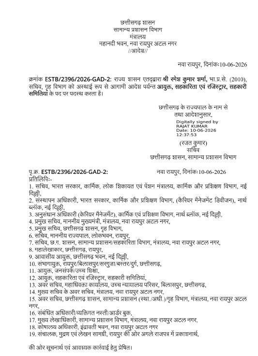 बड़ी प्रशासनिक जिम्मेदारी! आईएएस रमेश कुमार शर्मा बने सहकारिता आयुक्त एवं रजिस्ट्रार बड़ी प्रशासनिक जिम्मेदारी! आईएएस रमेश कुमार शर्मा बने सहकारिता आयुक्त एवं रजिस्ट्रार