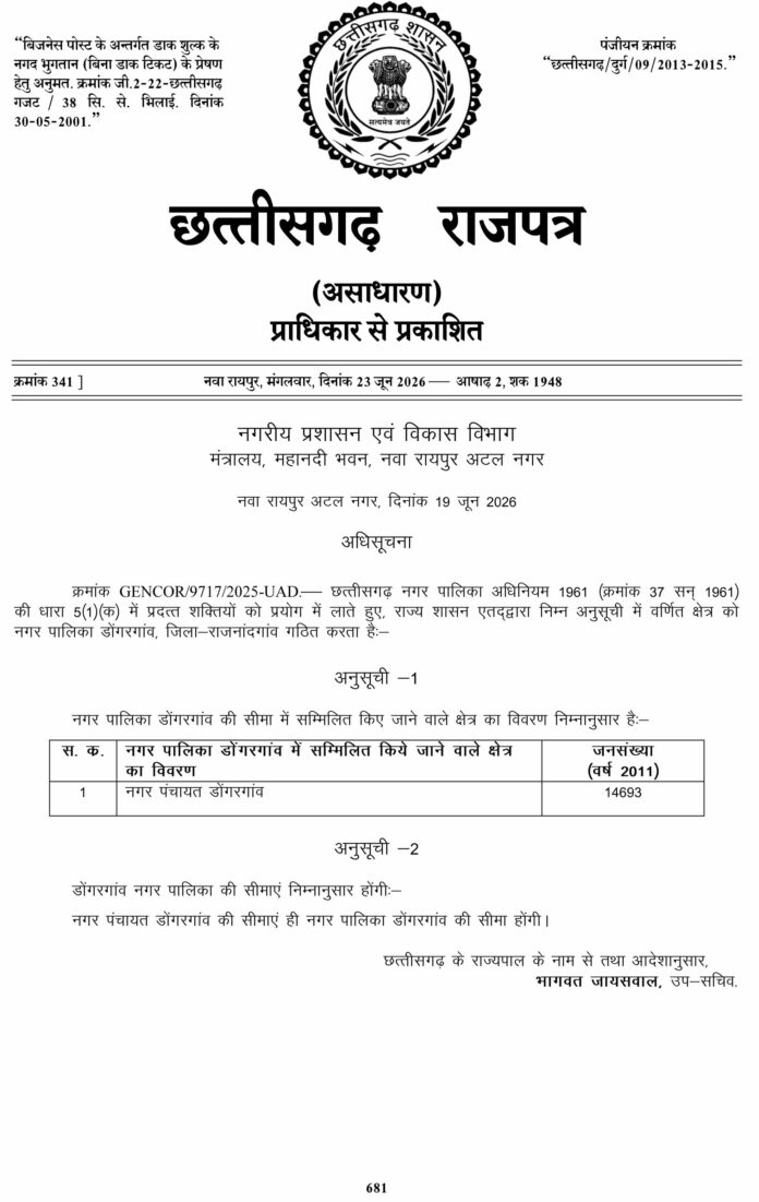 नगरीय प्रशासन विकास विभाग अधिसूचना
