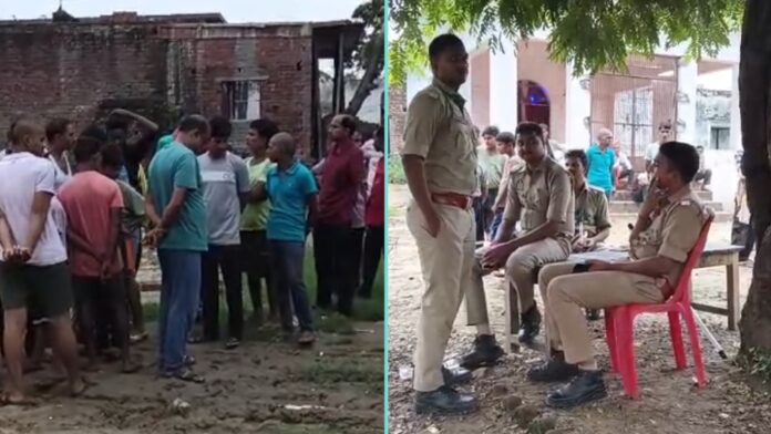 घटना की जांच करती पुलिस बल, शोकाकुल मृतक के परिजन