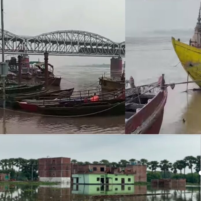 गंगा नदी में बढ़ते जलस्तर की तीन फोटो, क्रमशः