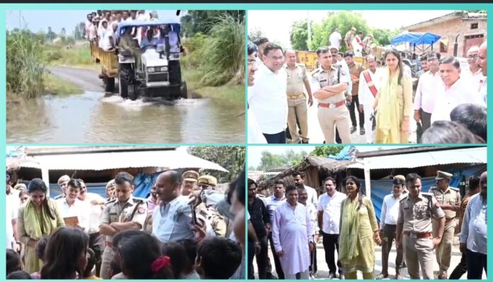 बाढ़ क्षेत्र का दौरा करते जिलाधिकारी-पुलिस अधीक्षक