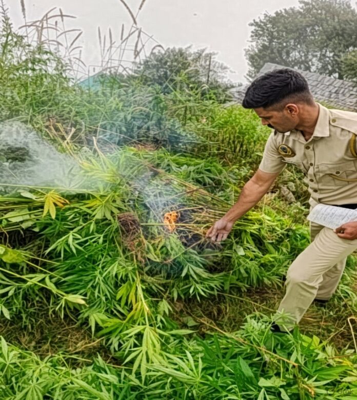अवैध भांग की खेती नष्ट करती पुलिस