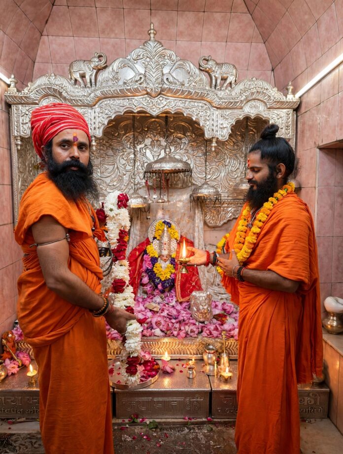 माया देवी मंदिर में पूजा अर्चना करते हुए