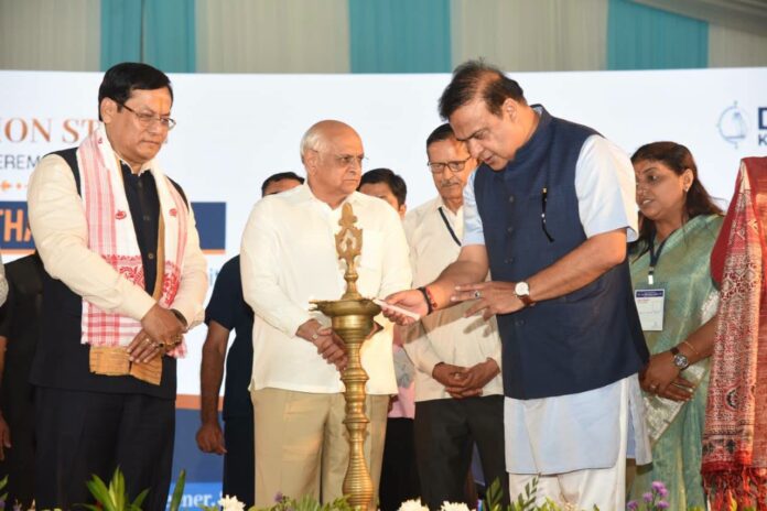 Chief Minister Dr Himanta Biswa Sarma, Gujarat Chief Minister Bhupendra Patel and Union Minister for Ports, Shipping and Waterways Sarbananda Sonowal jointly performing the foundation stone-laying.