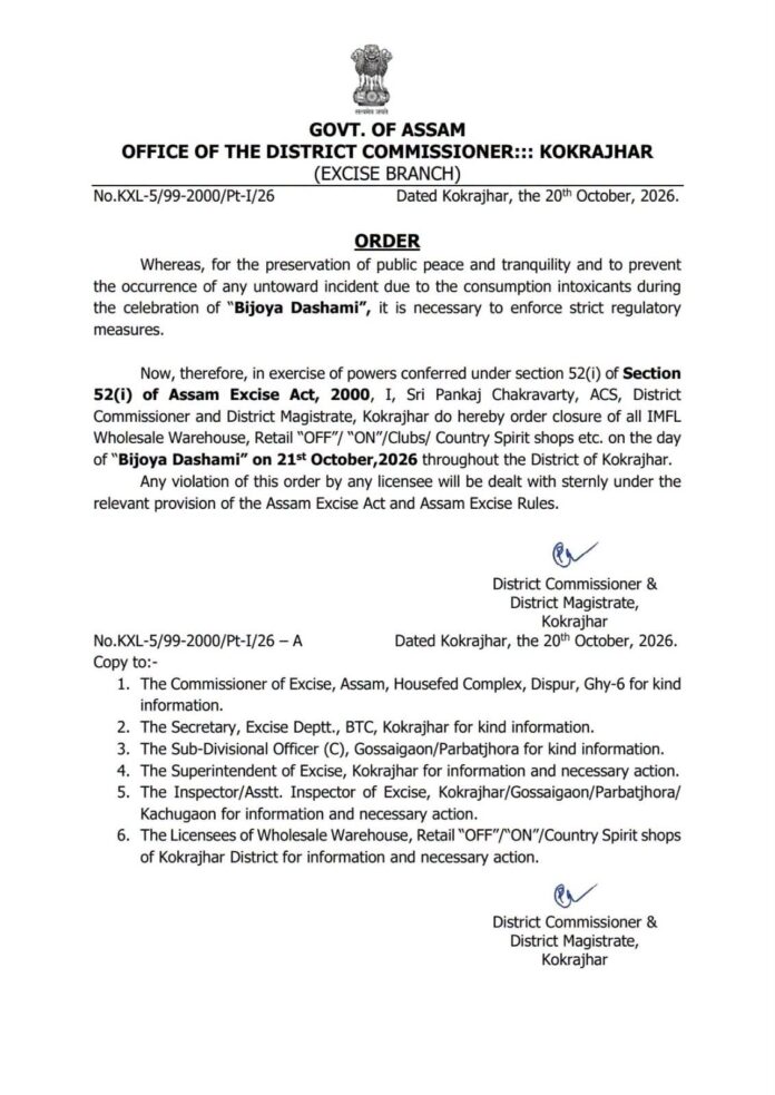 विजयादशमी के अवसर पर 21 अक्टूबर को कोकराझार जिले में ड्राई डे घोषित विजयादशमी के अवसर पर 21 अक्टूबर को कोकराझार जिले में ड्राई डे घोषित