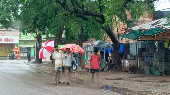 छतरी पड़कर सड़क में चलते हुए युवा छतरी पड़कर सड़क में चलते हुए युवा